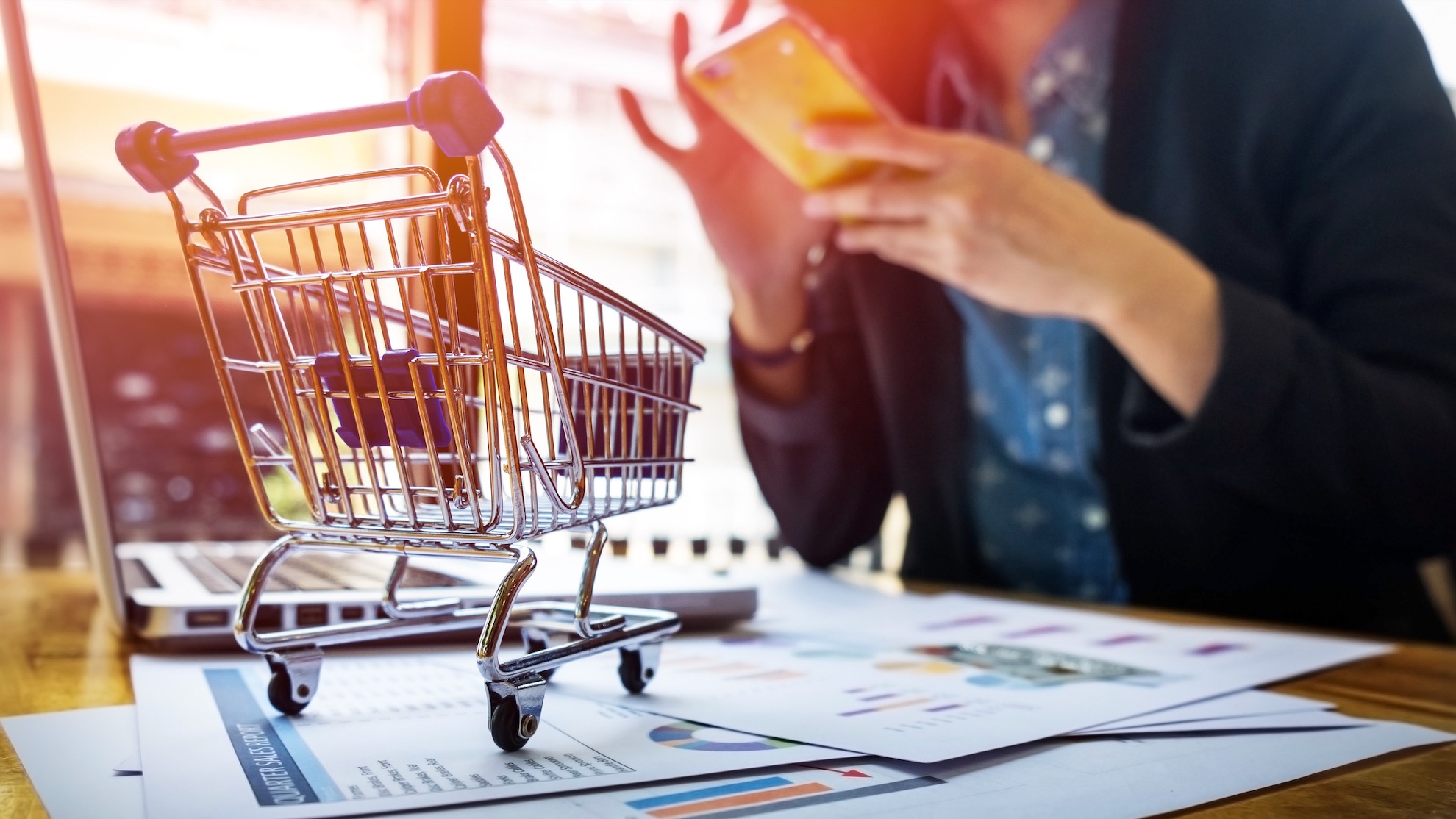 cropped image of woman inputting card information and key on phone or laptop while shopping online