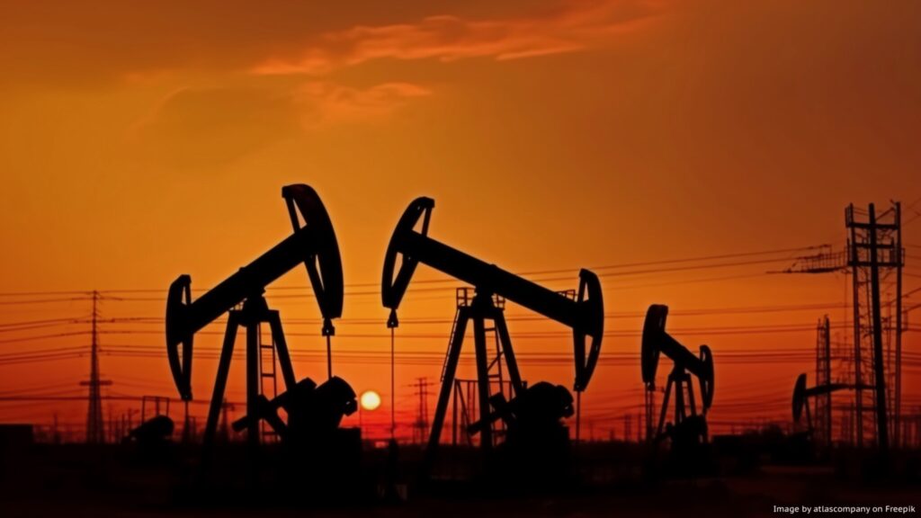 oil rigs in sunset